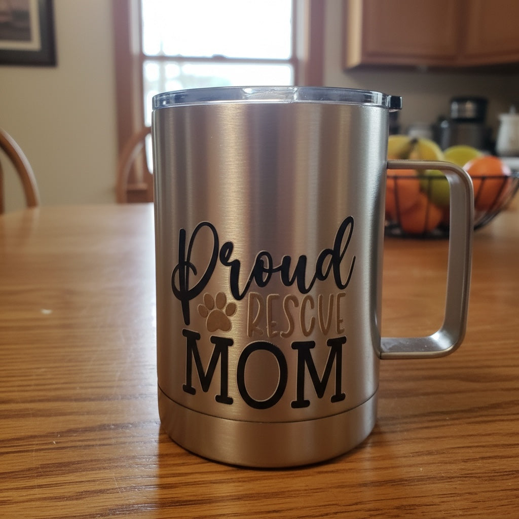 Snark and Spark stainless steel travel mug with Proud Rescue Mom text and paw print graphic on a wooden table.